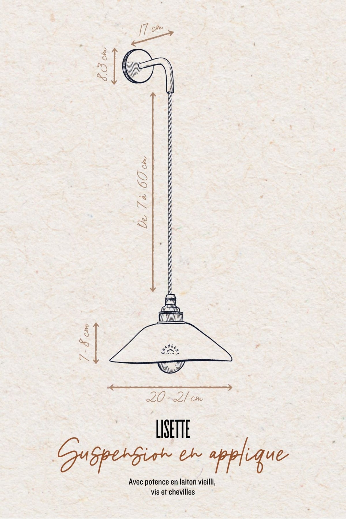 LISETTE - Porcelaine Emaillée - Suspension en applique - Avec potence laiton vieilli