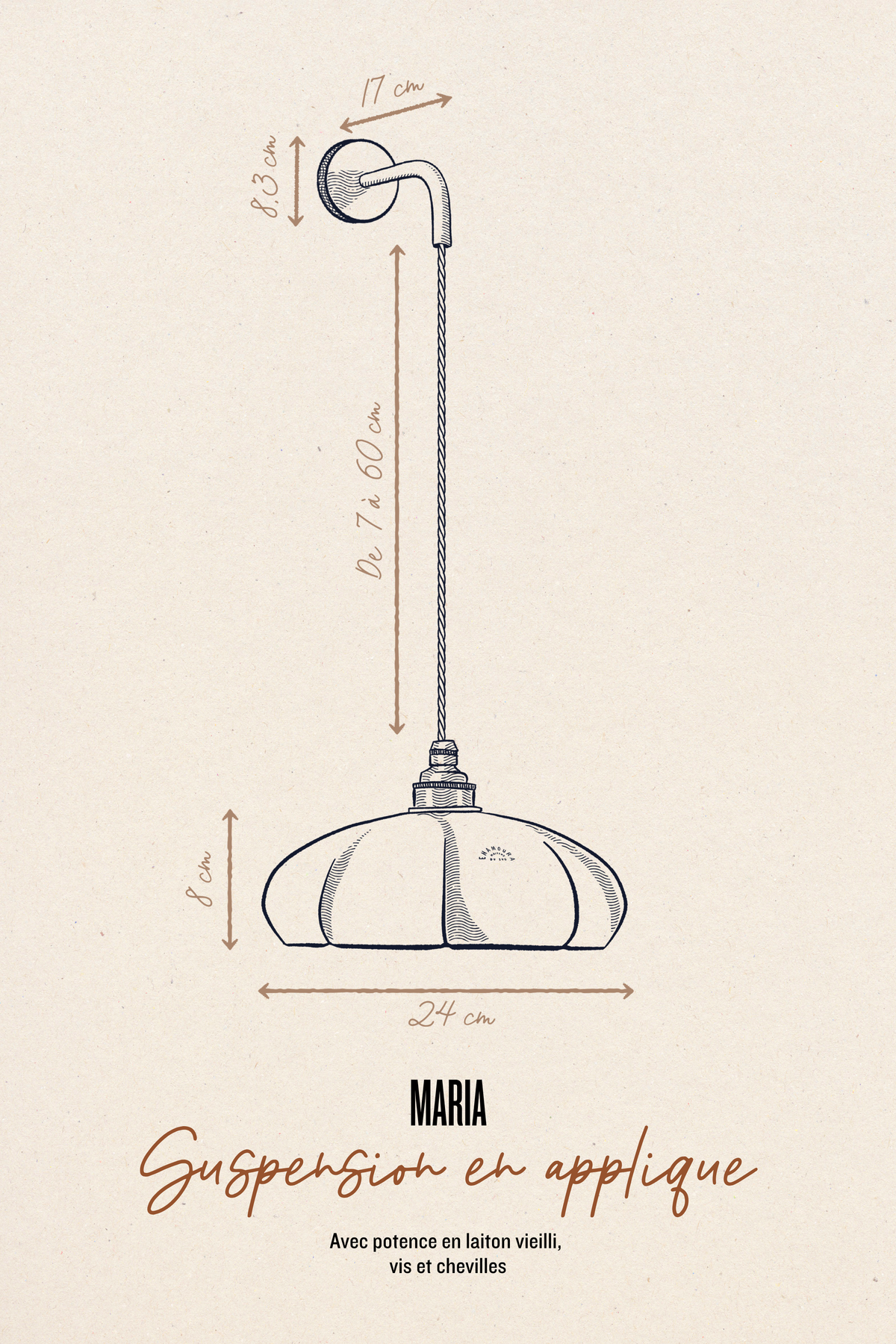 MARIA - Porcelaine Biscuit - Suspension en applique - Potence noire mat