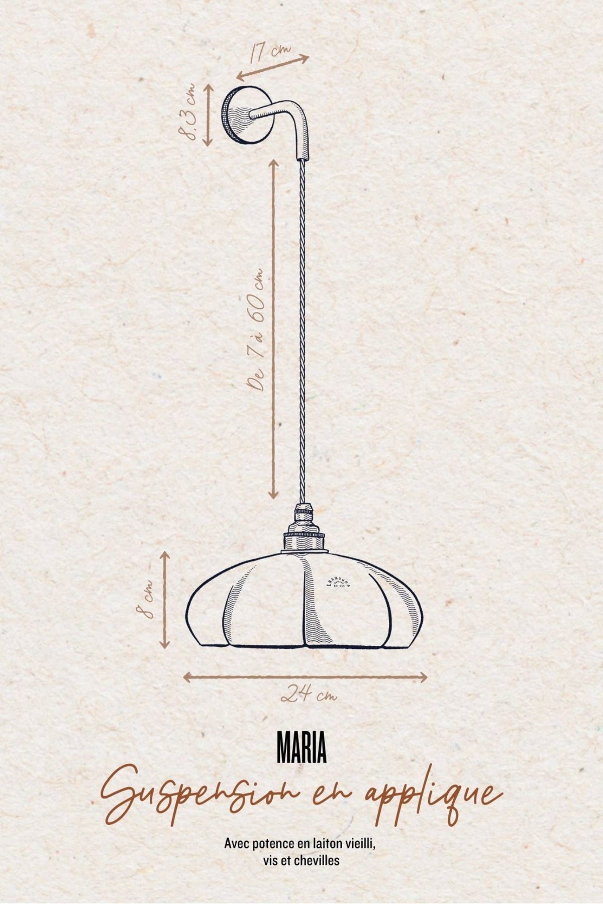 MARIA - Porcelaine Emaillée - Suspension en applique - Potence noire mat