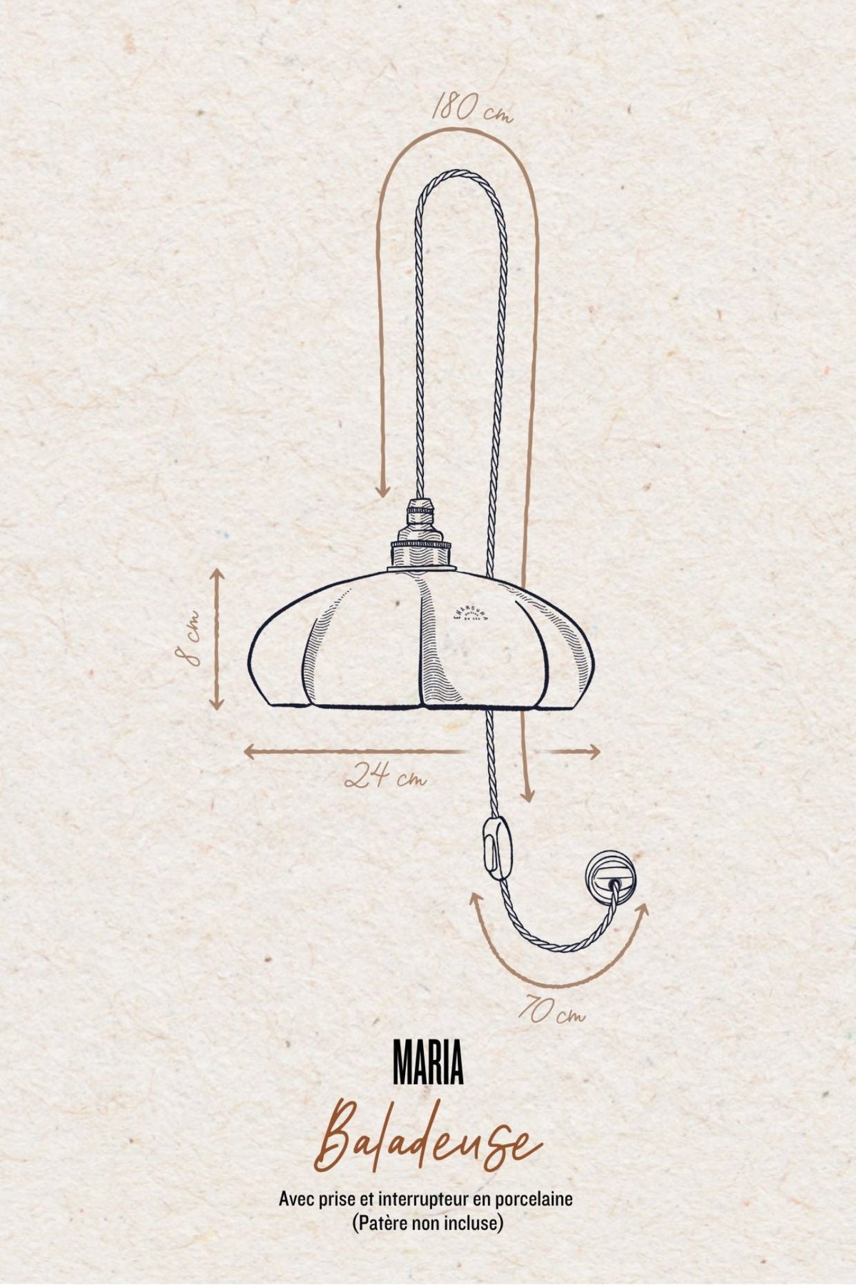 MARIA - Porcelaine Emaillée - Suspension en applique - Potence noire mat
