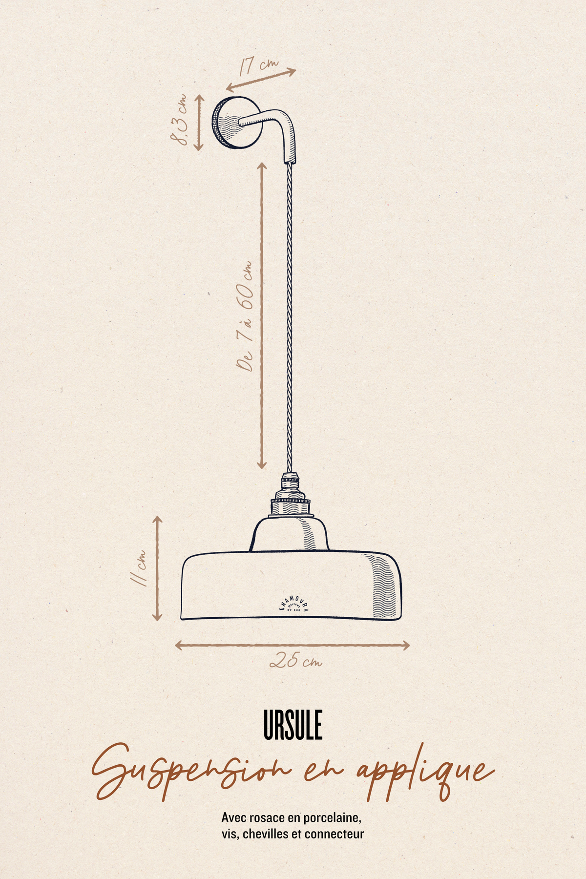 URSULE - Grès Minuit - Suspension en applique - Potence laiton vieilli
