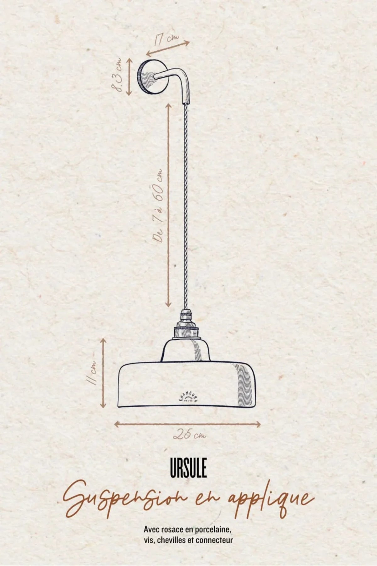 URSULE - Terre cuite blanche émaillée - Suspension en applique - Potence noire mat